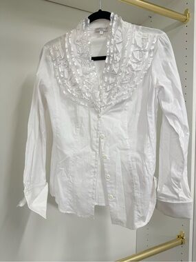 Difference White Ruffle-Trim Button-Up Blouse - Women